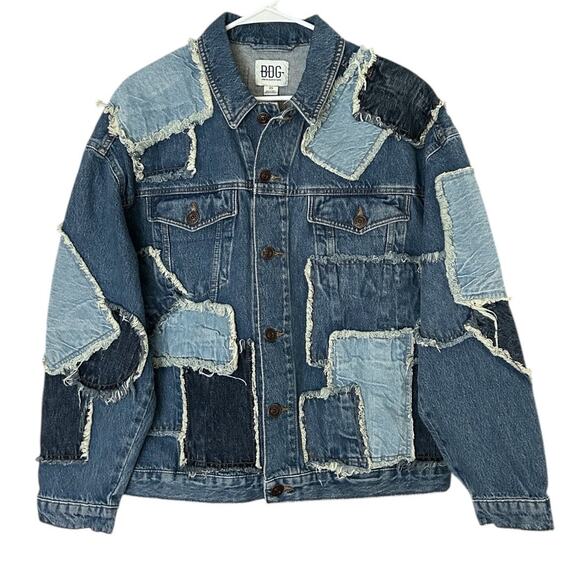 BDG Urban Outfitters Patchwork Denim Jacket Women's XS Blue Frayed Boho NEW - Picture 1 of 7